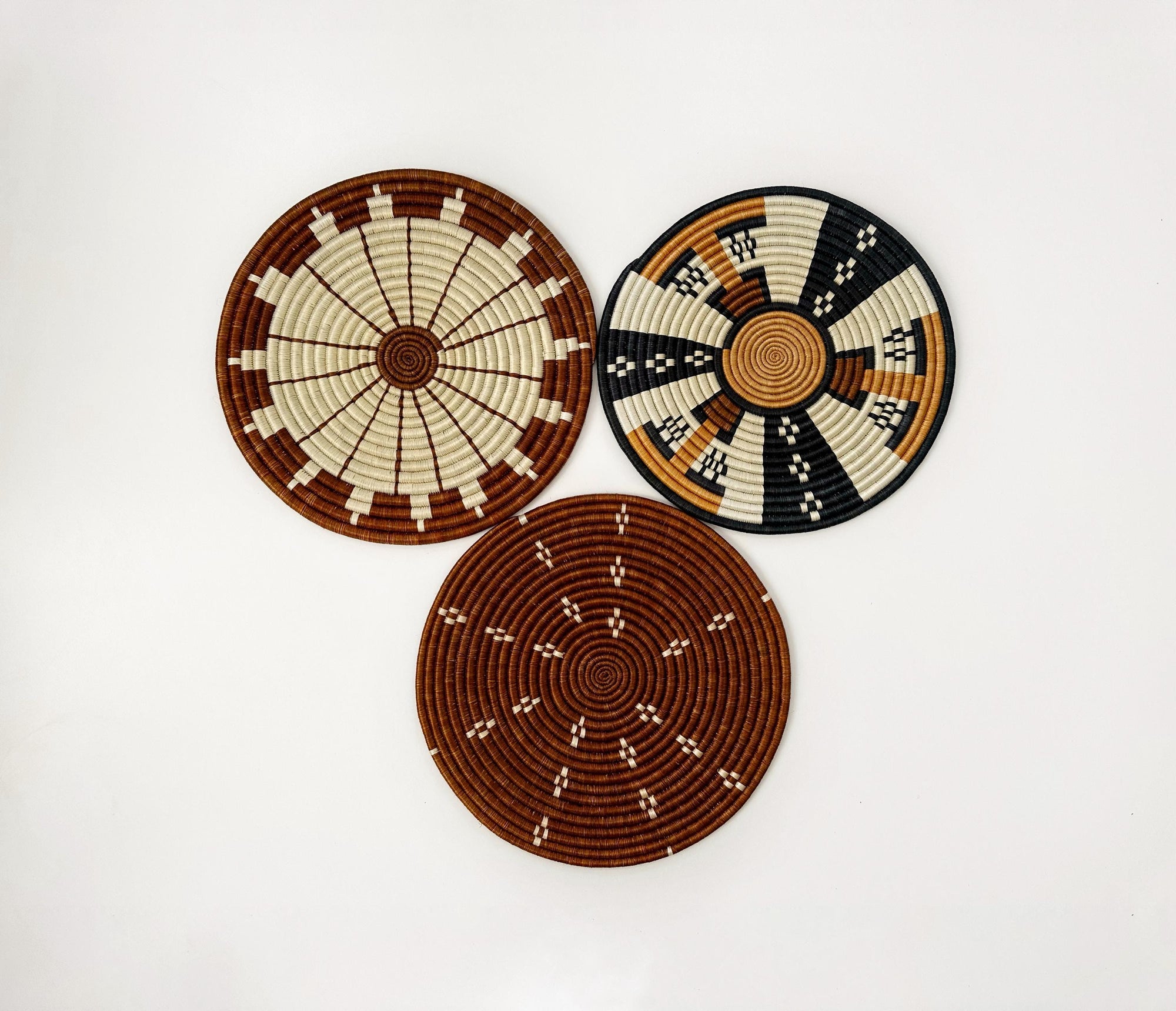 Flat Brown Wall Baskets | Eclectic Wall Art | tribal style handwoven baskets