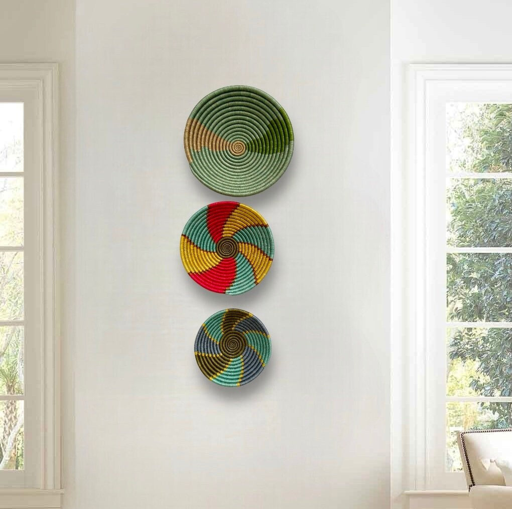 Vibrant African Basket Set of 3 - Unique Handwoven wall baskets