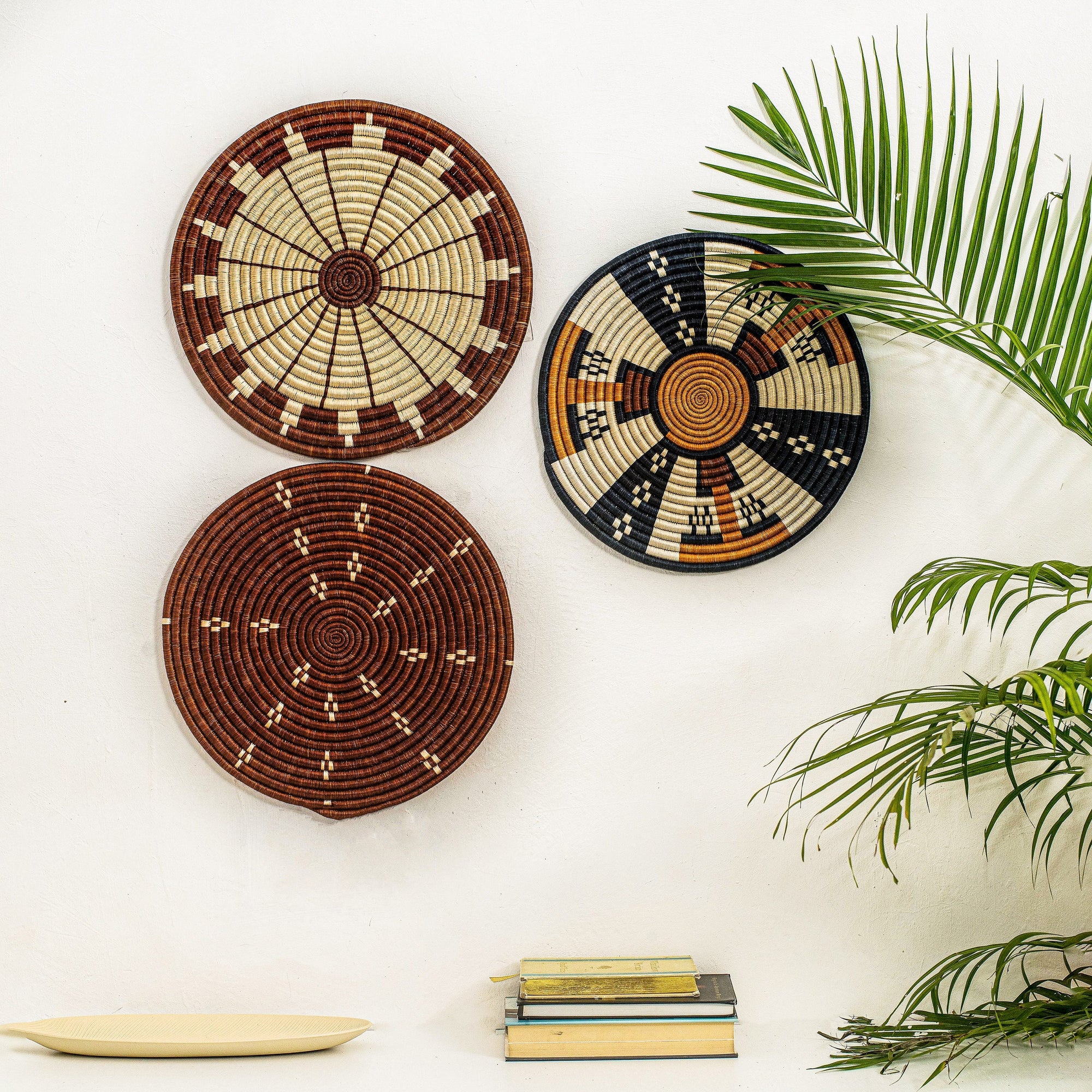 Flat Brown Wall Baskets | Eclectic Wall Art | tribal style handwoven baskets