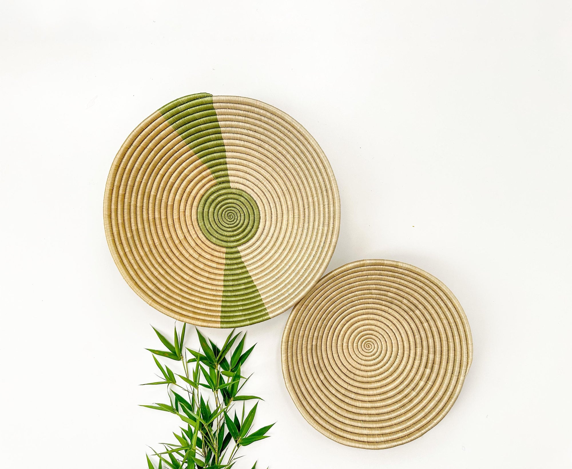 Rwanda Basket Set of 2, woven wall baskets with shades of brown and green