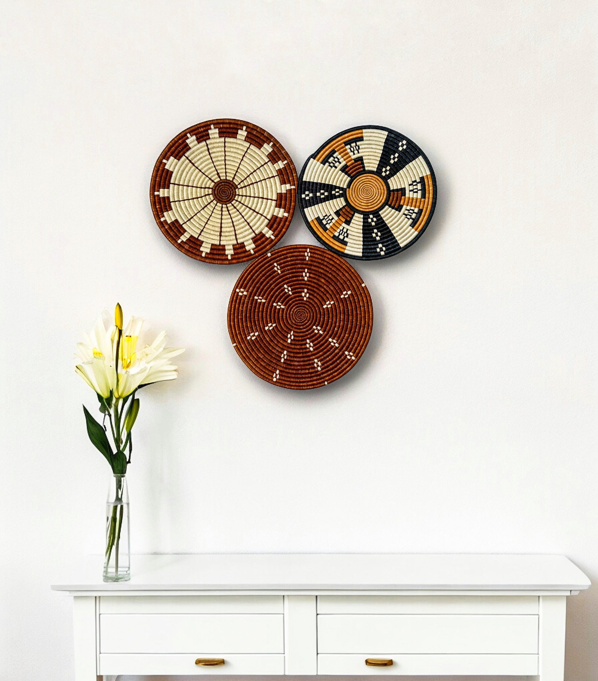 Flat Brown Wall Baskets | Eclectic Wall Art | tribal style handwoven baskets