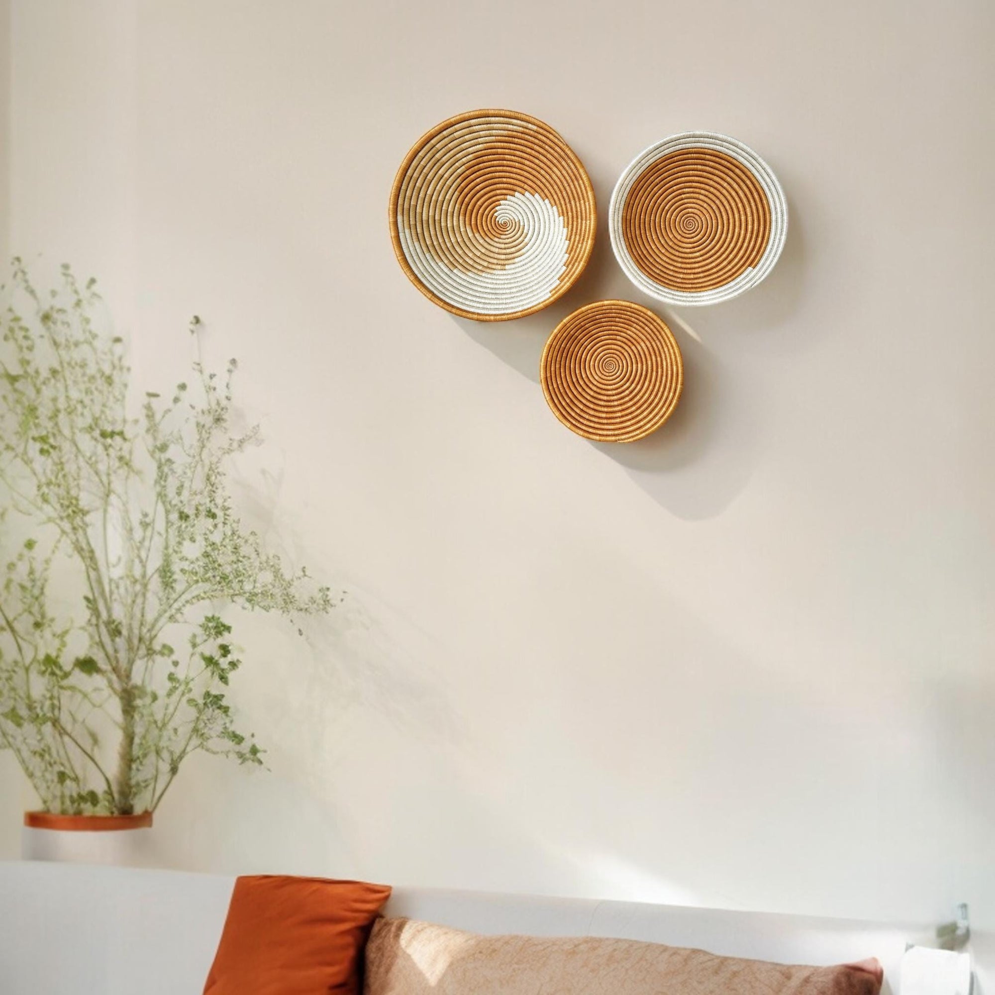 Set of 2 Brown Basket Wall Decor - Minimalist woven wall Art