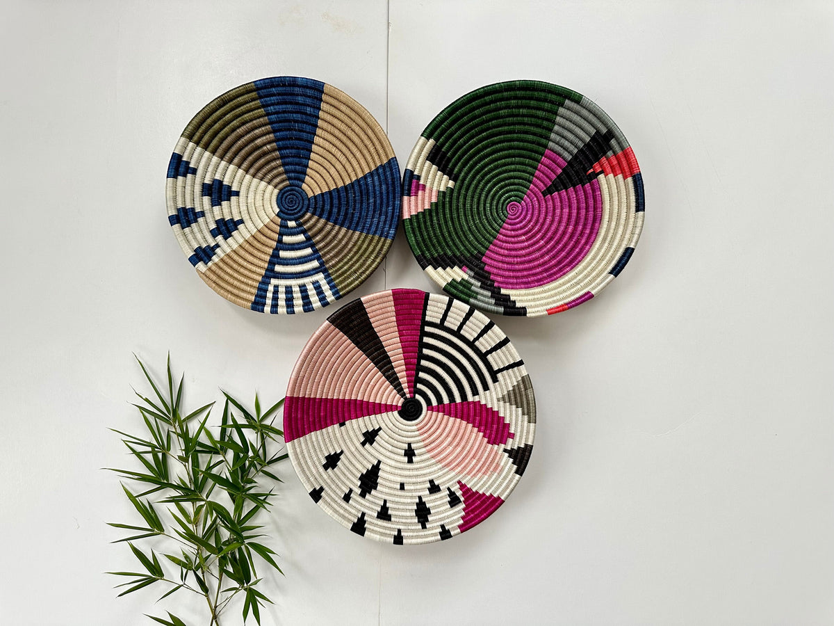 Woven Wall Basket with Green Pink White tones
