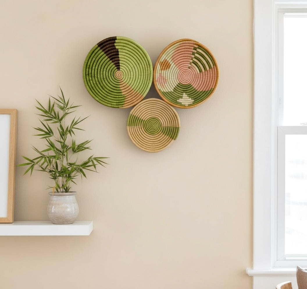 Wall Basket Green Set of 3, African Woven Baskets