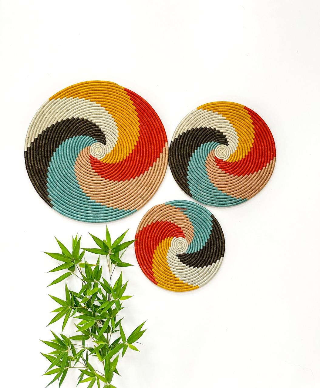 Woven wall trivets - Set of 3 Flat Colorful Rwanda Baskets
