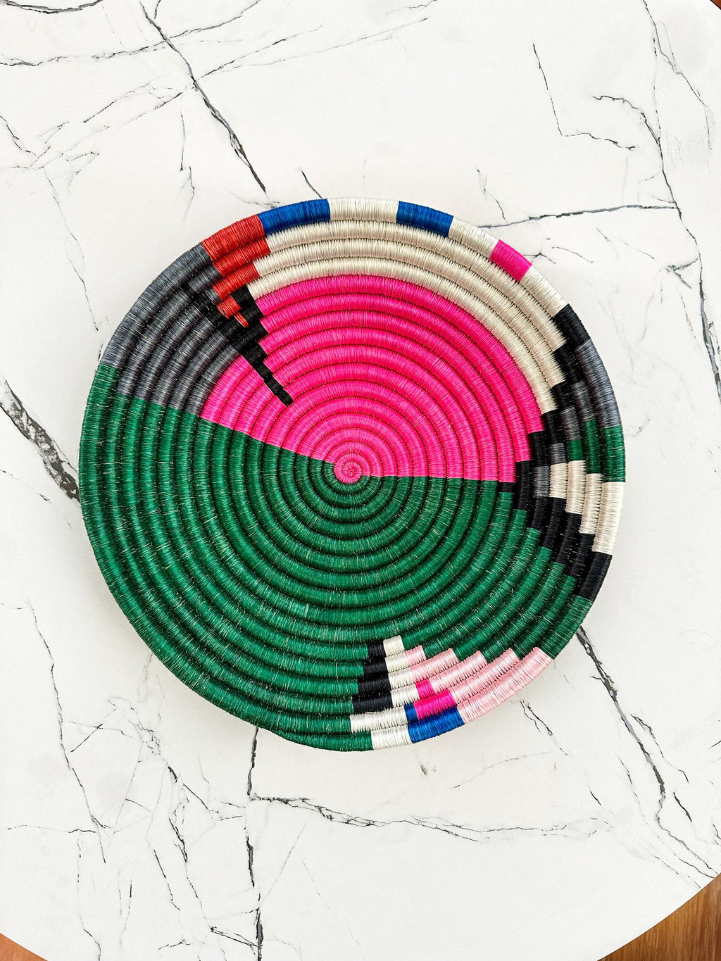 Woven Wall Basket with Green Pink White tones