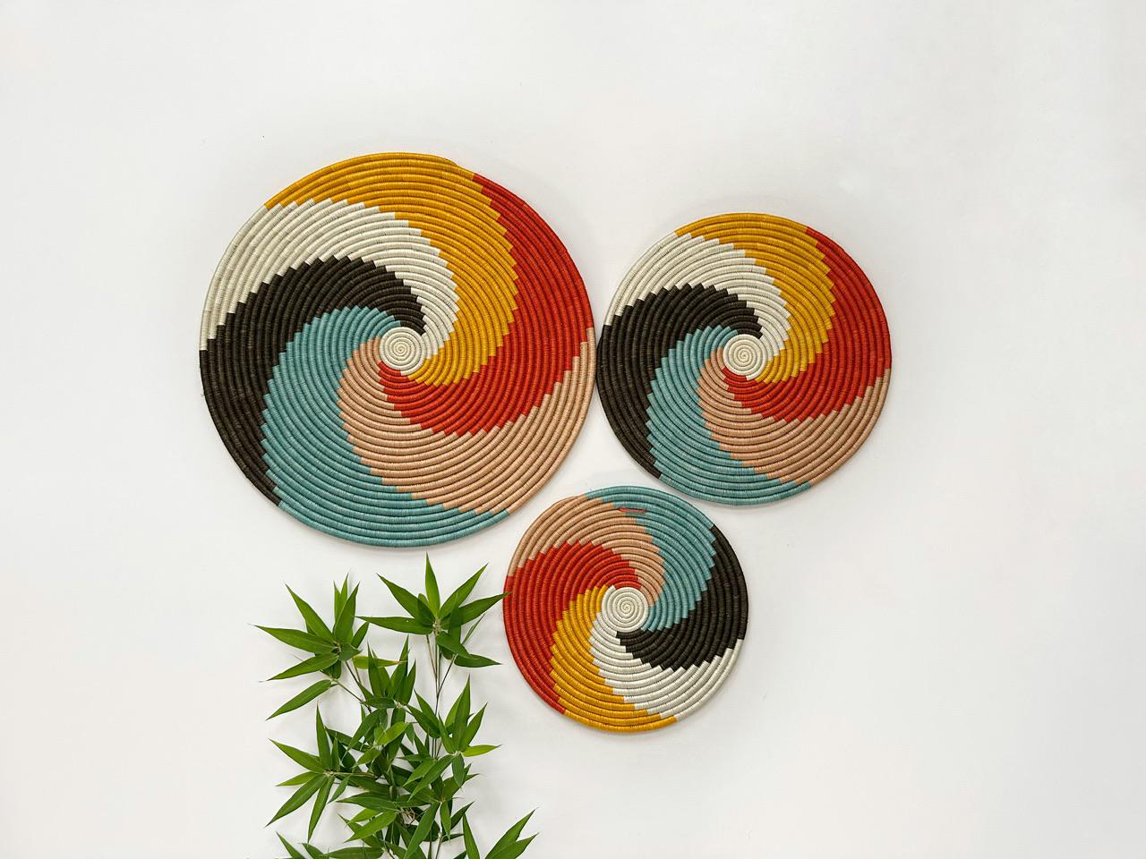 Woven wall trivets - Set of 3 Flat Colorful Rwanda Baskets