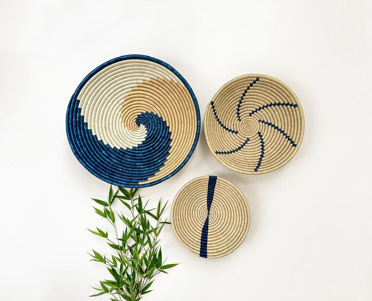 Handwoven Basket Wall Art, Blue Set of 3