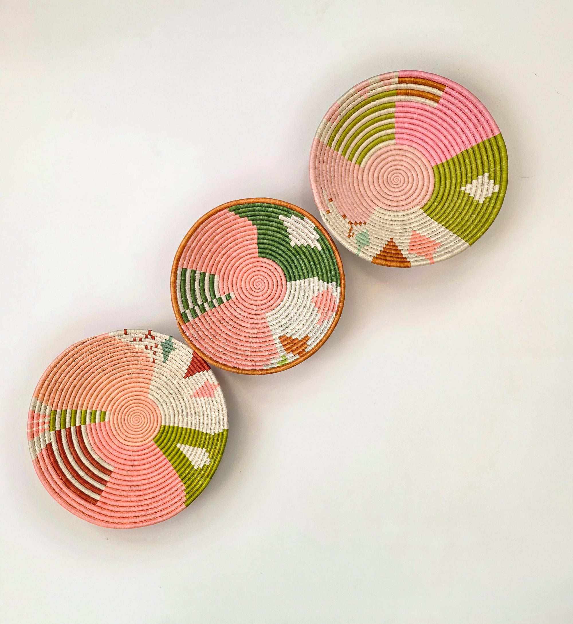 Set of 3 Wall Basket Decor- African baskets - pink, peach,green