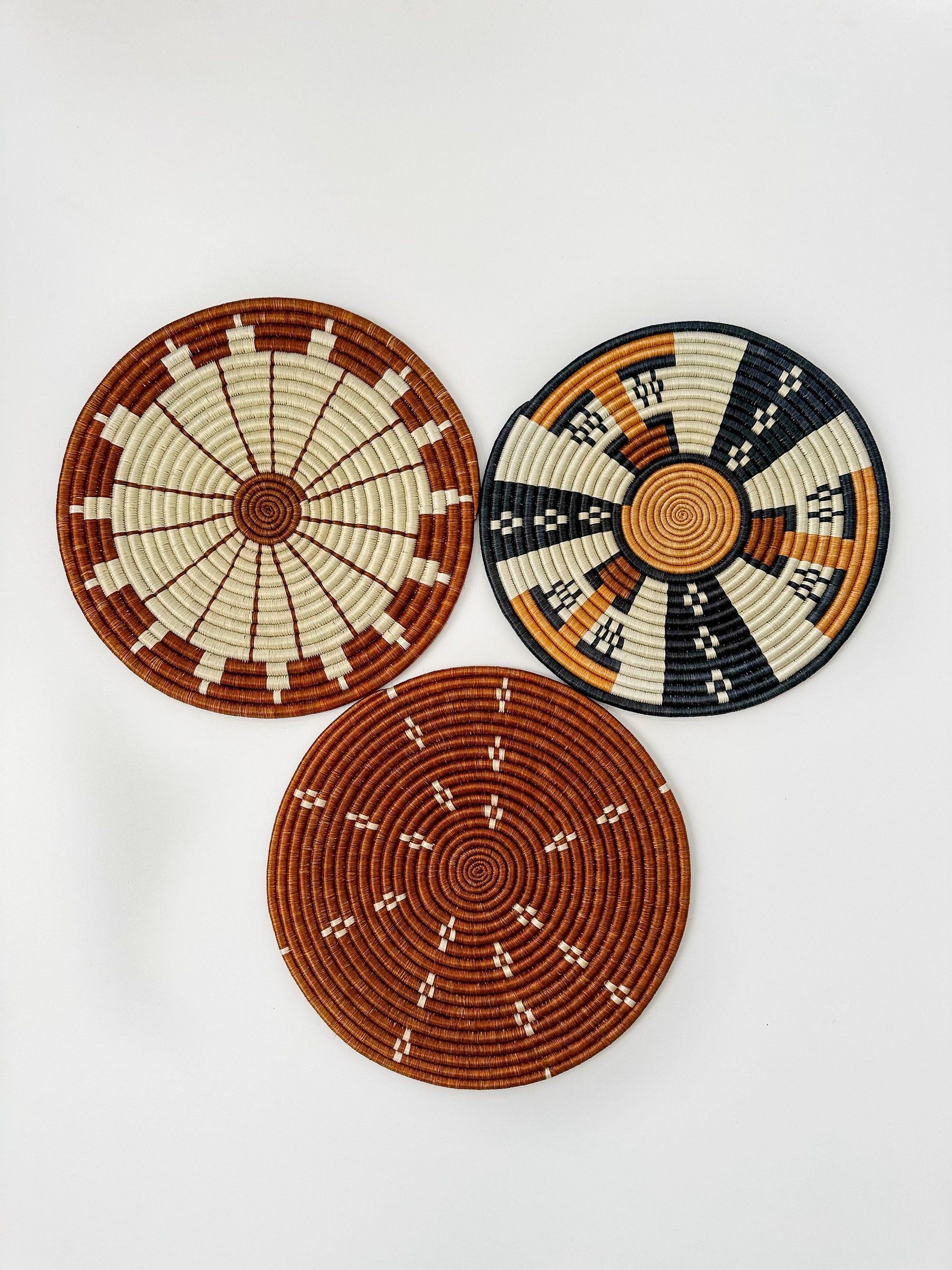 Flat Brown Wall Baskets | Eclectic Wall Art | tribal style handwoven baskets