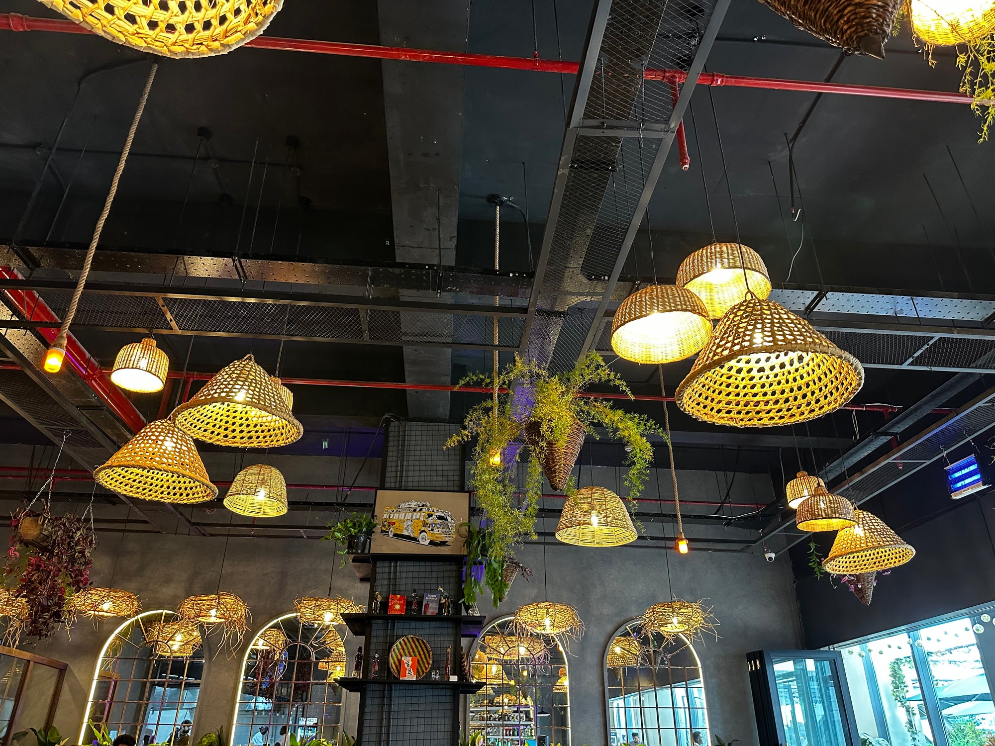 Large Palm Pendant Light - Woven Basket Shade, Restaurant lighting