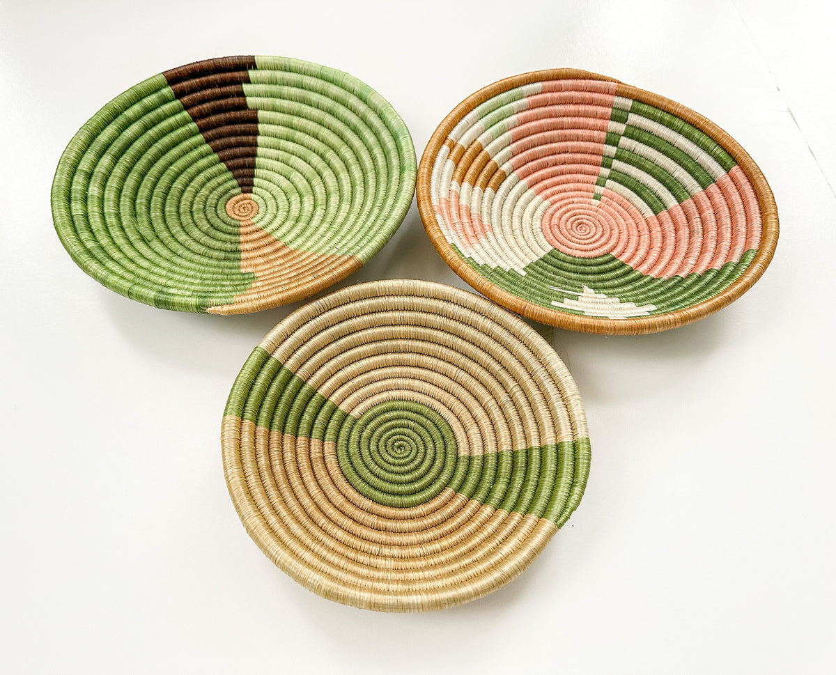 Wall Basket Green Set of 3, African Woven Baskets