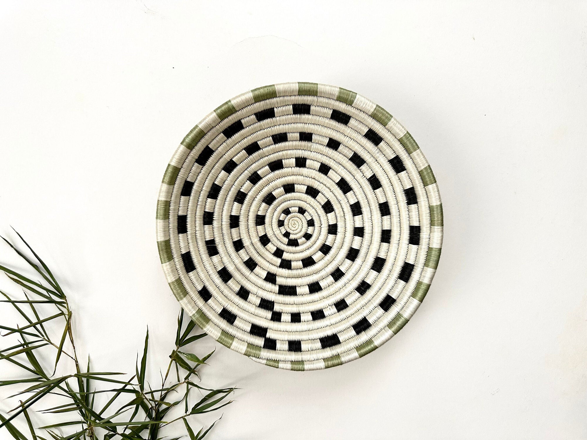 African Wall Basket - Woven Sisal Basket in White, Black and Green