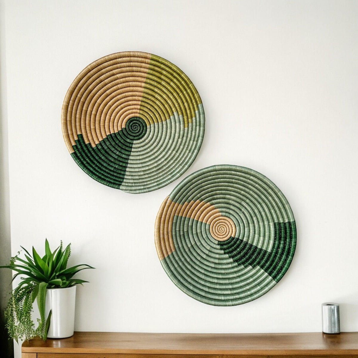 Green African Woven Wall Baskets Set of 2 -  Boho Decor