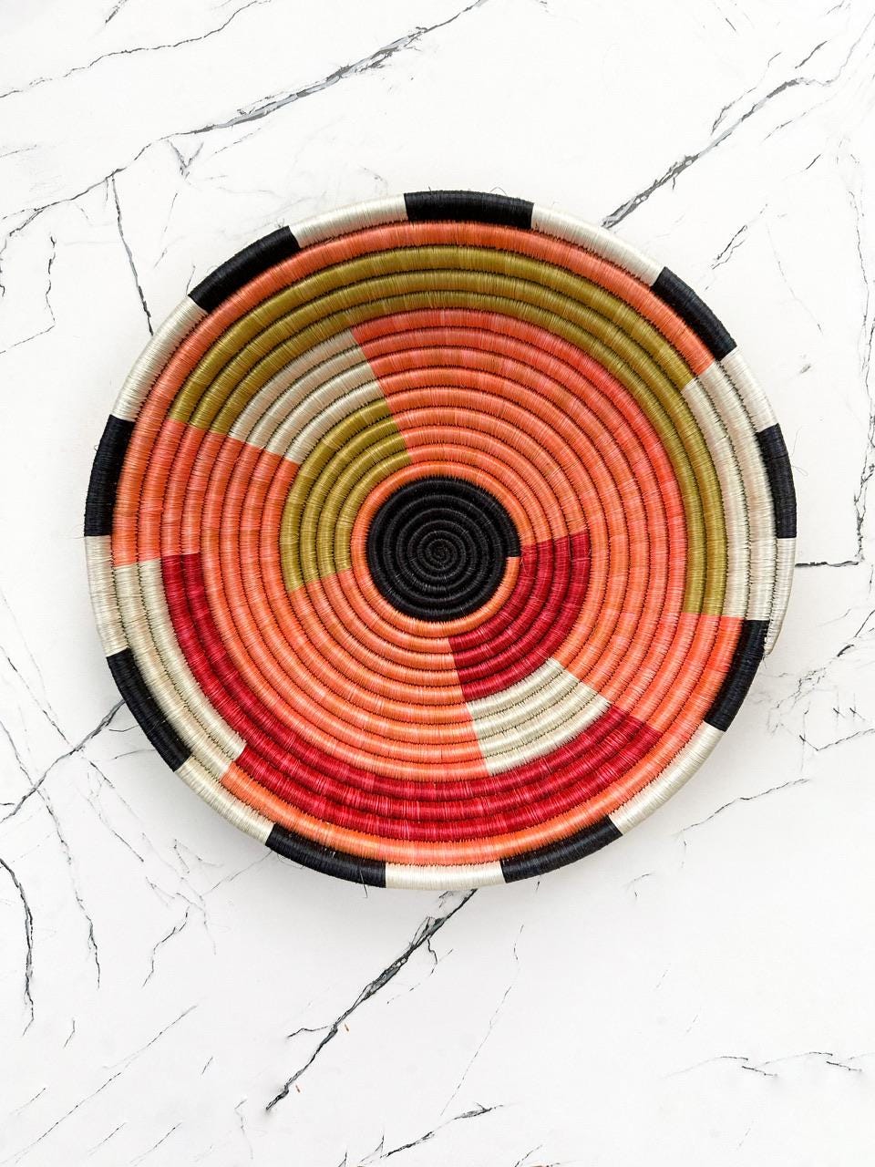 Colorful Woven African Bowl - Color Block Geometric Pattern, Orange Black Tones