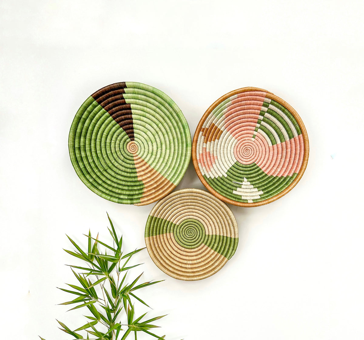 Wall Basket Green Set of 3, African Woven Baskets