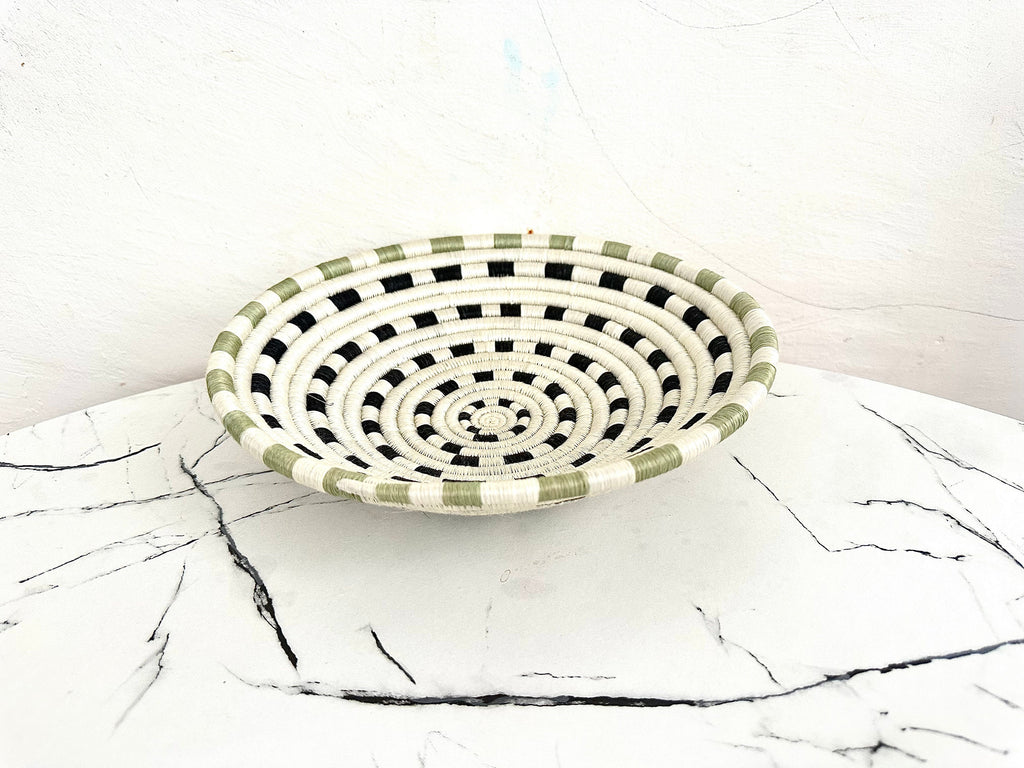 African Wall Basket - Woven Sisal Basket in White, Black and Green