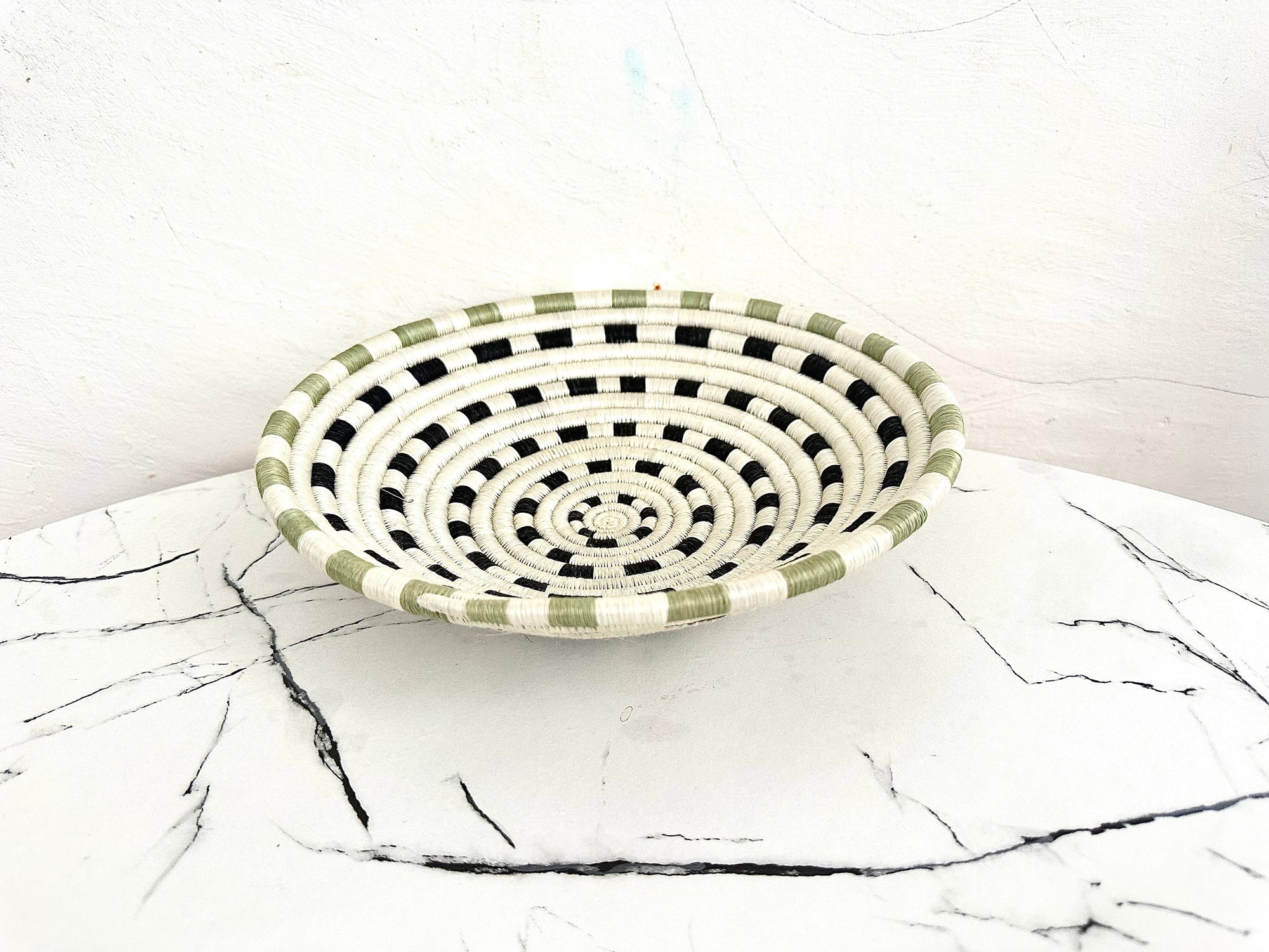 African Wall Basket - Woven Sisal Basket in White, Black and Green