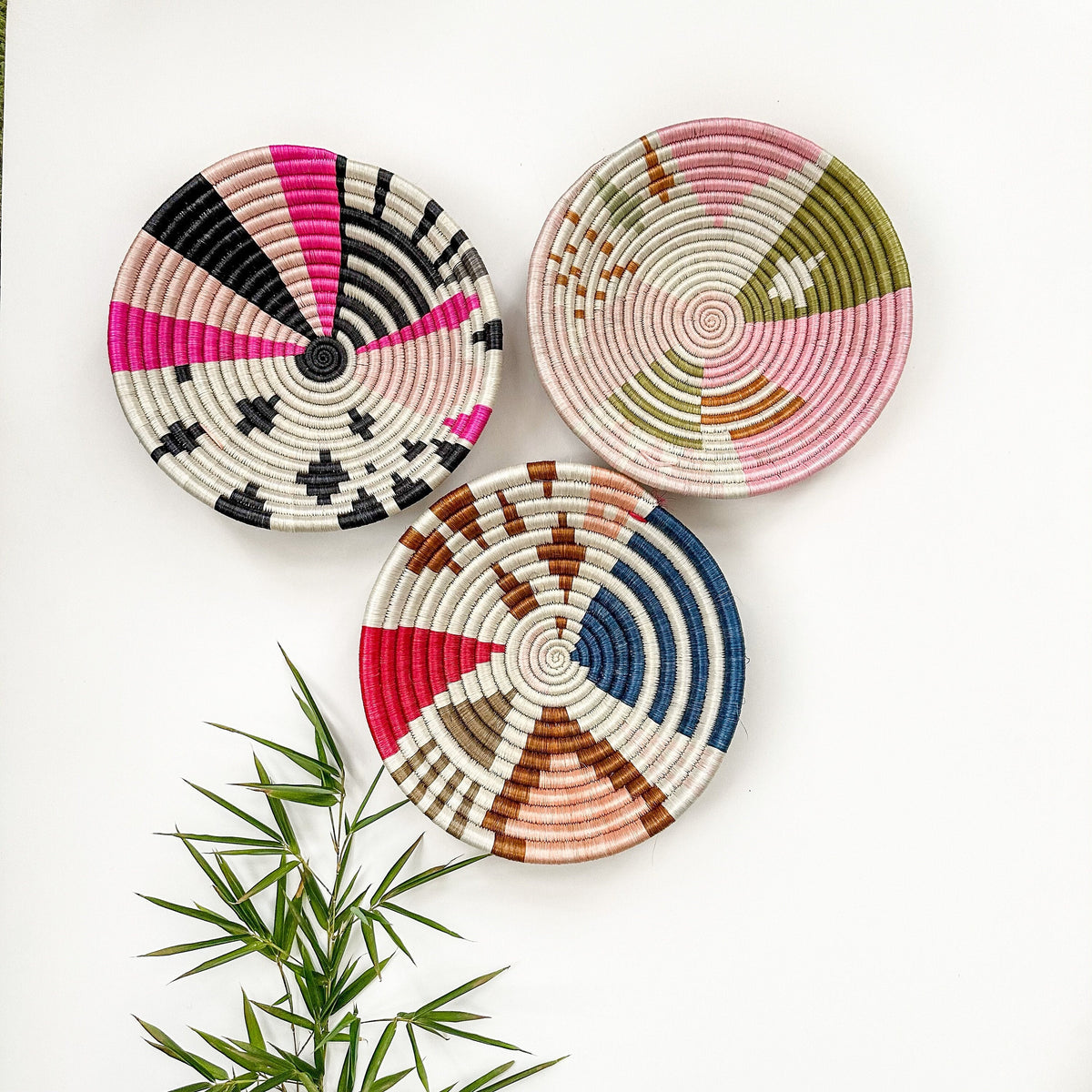 Handwoven African Baskets Set of 3 - Colorful Wall Art