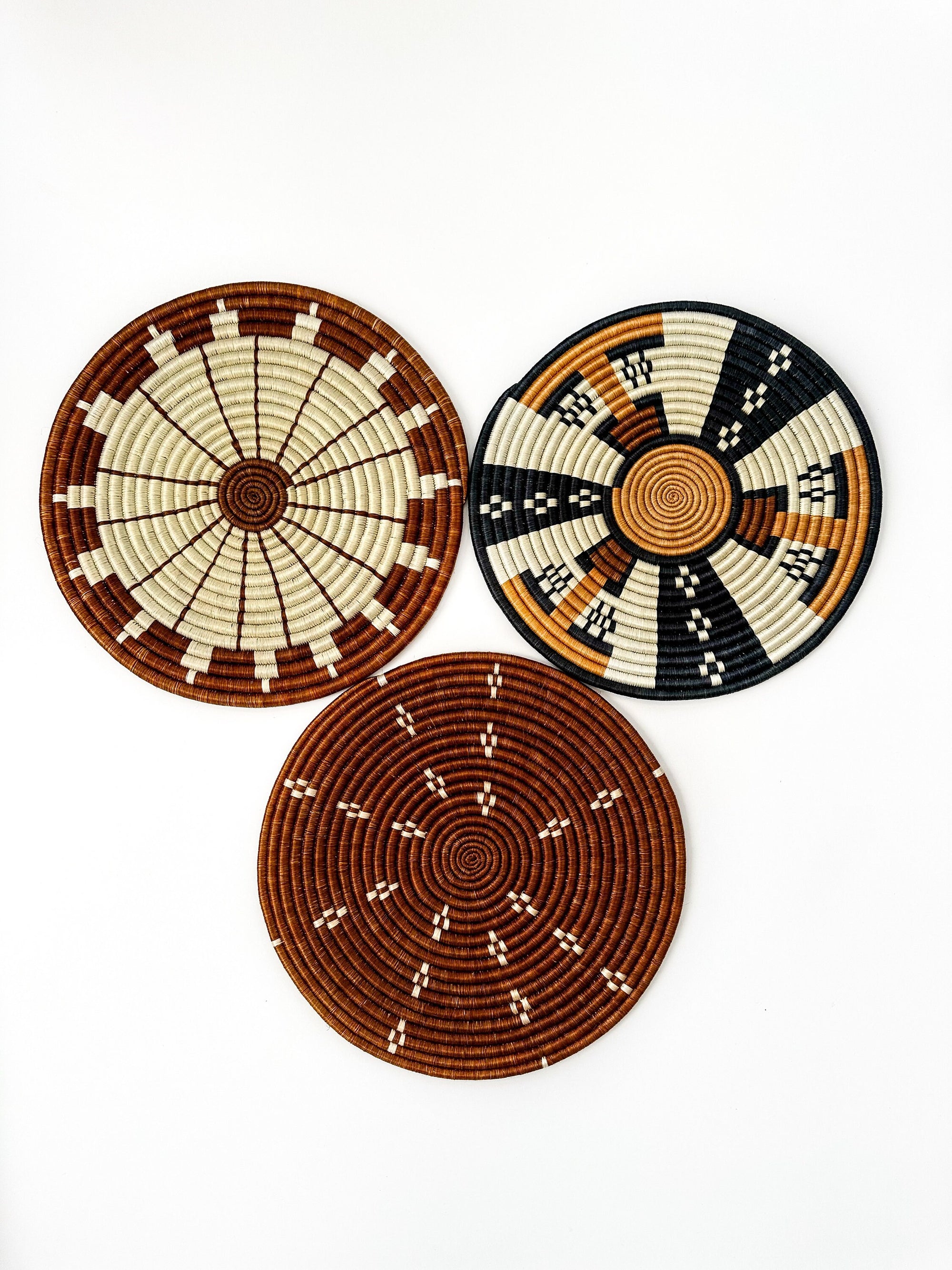 Flat Brown Wall Baskets | Eclectic Wall Art | tribal style handwoven baskets