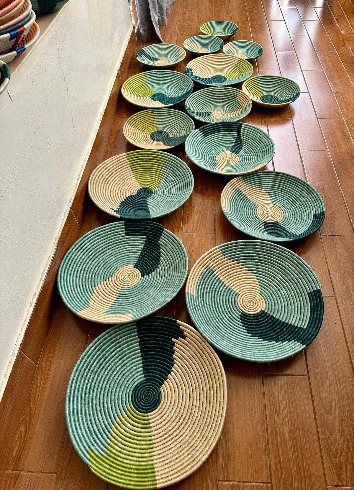 Green African Woven Wall Baskets Set of 2 -  Boho Decor