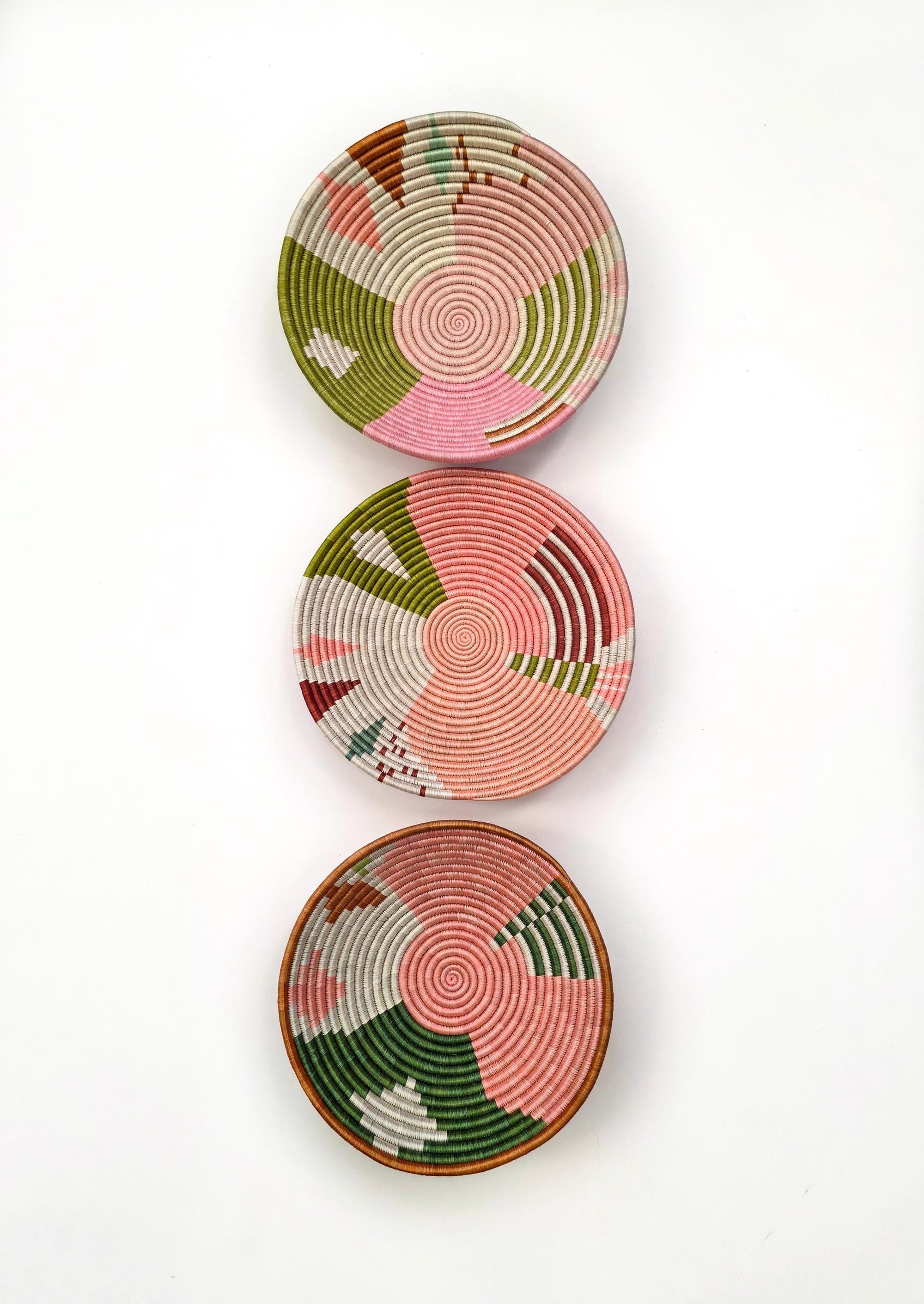 Set of 3 Wall Basket Decor- African baskets - pink, peach,green