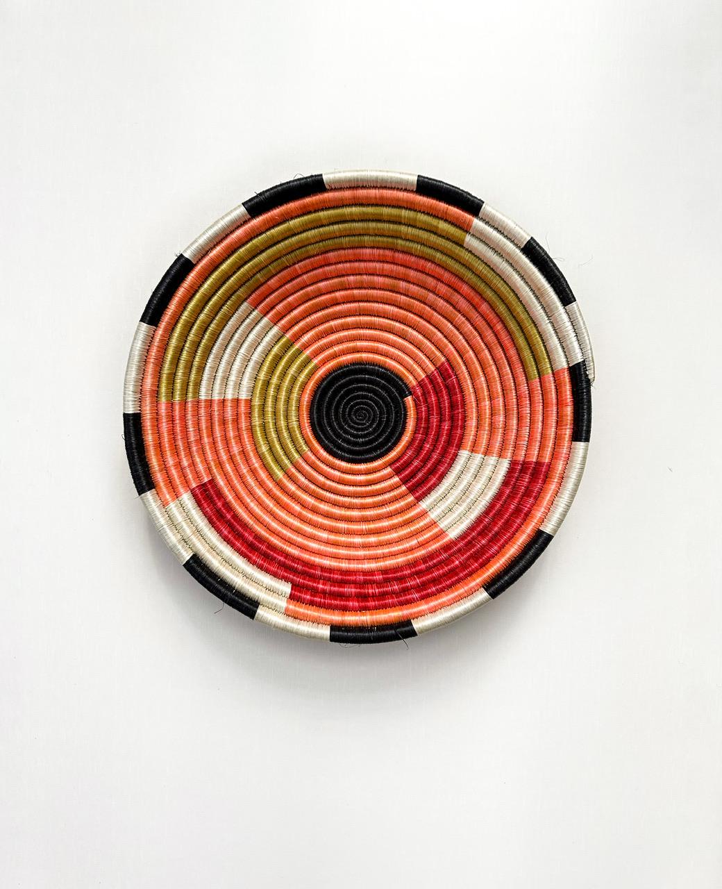 Colorful Woven African Bowl - Color Block Geometric Pattern, Orange Black Tones