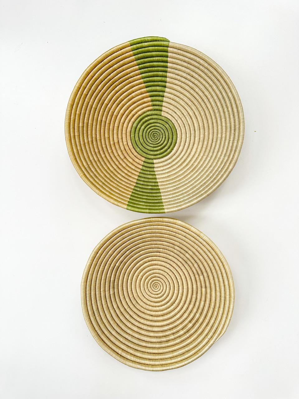 Rwanda Basket Set of 2, woven wall baskets with shades of brown and green
