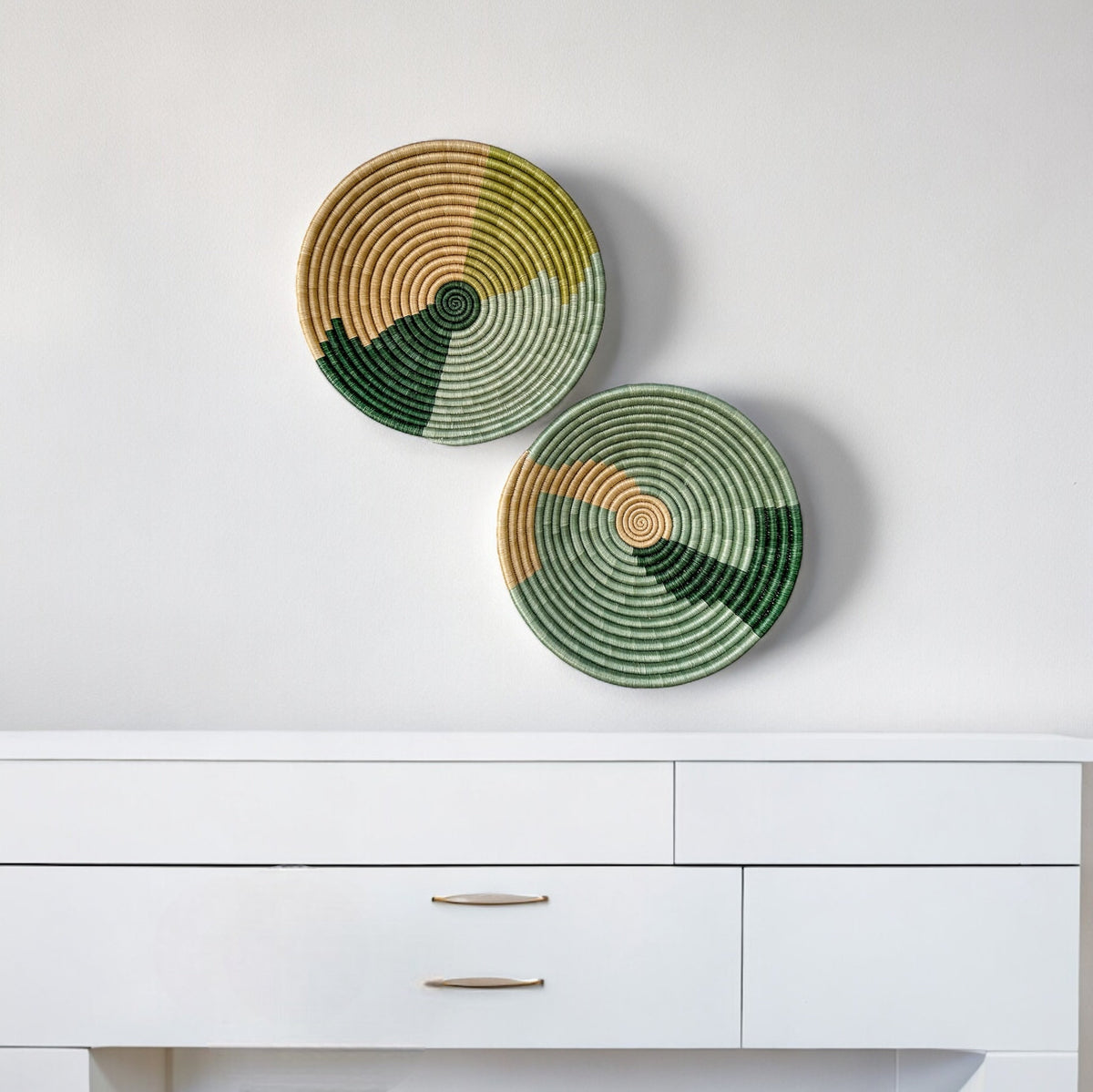 Green African Woven Wall Baskets Set of 2 -  Boho Decor
