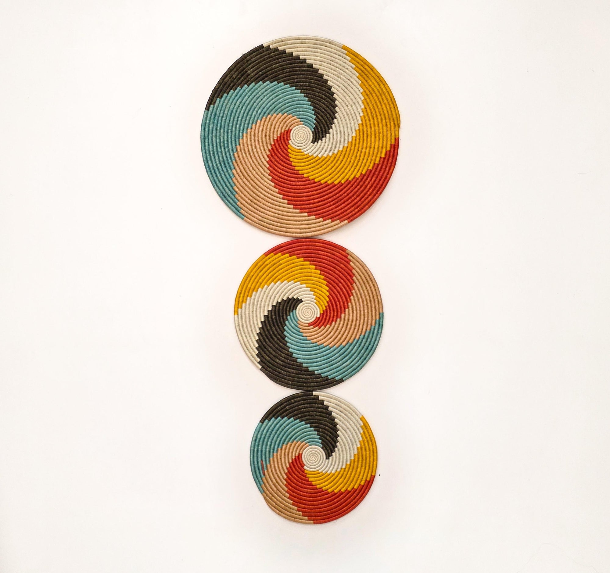 Woven wall trivets - Set of 3 Flat Colorful Rwanda Baskets