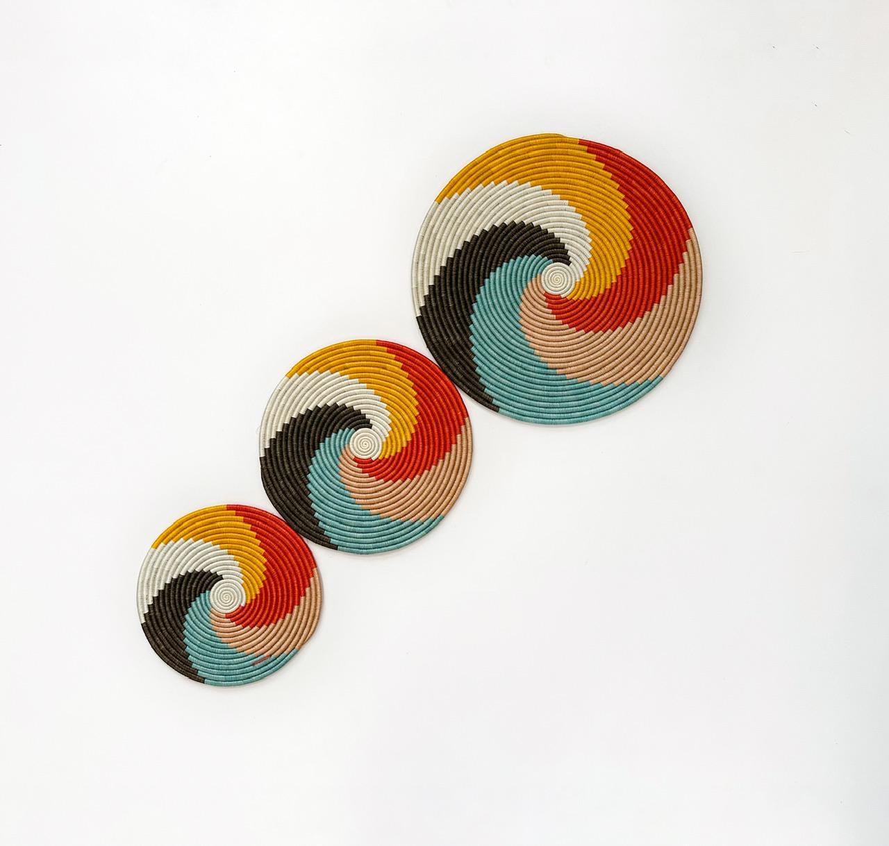 Woven wall trivets - Set of 3 Flat Colorful Rwanda Baskets