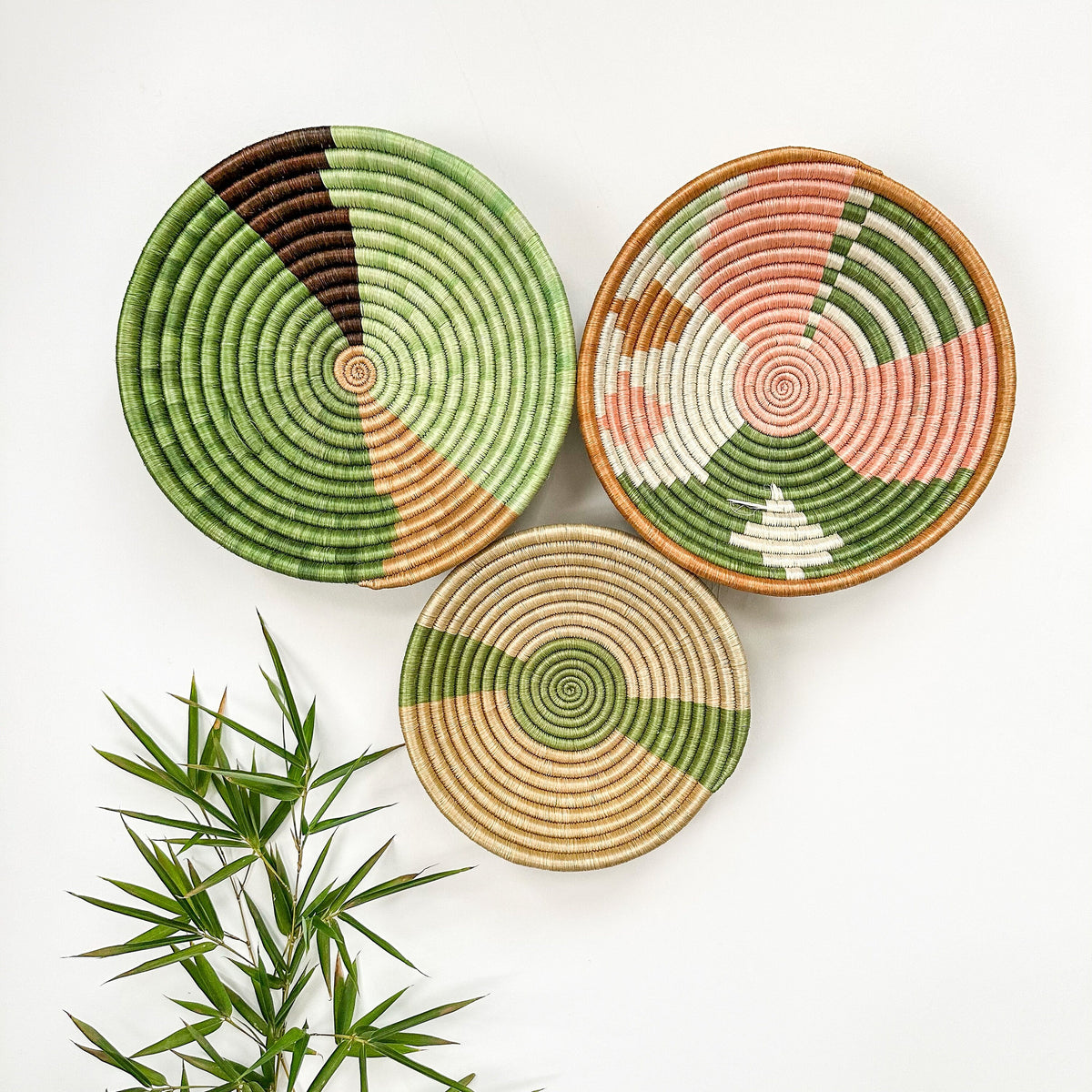 Wall Basket Green Set of 3, African Woven Baskets