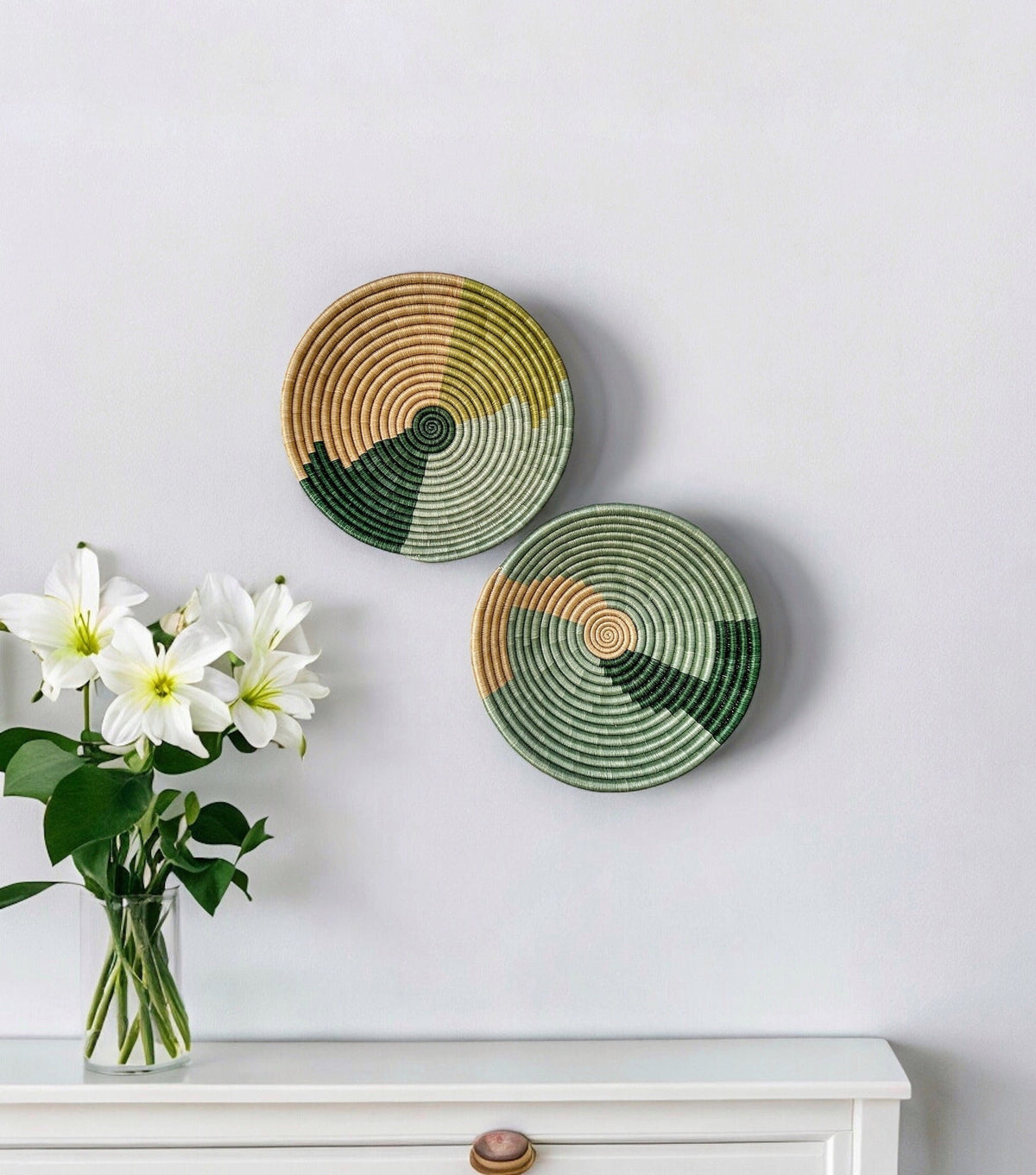 Green African Woven Wall Baskets Set of 2 -  Boho Decor