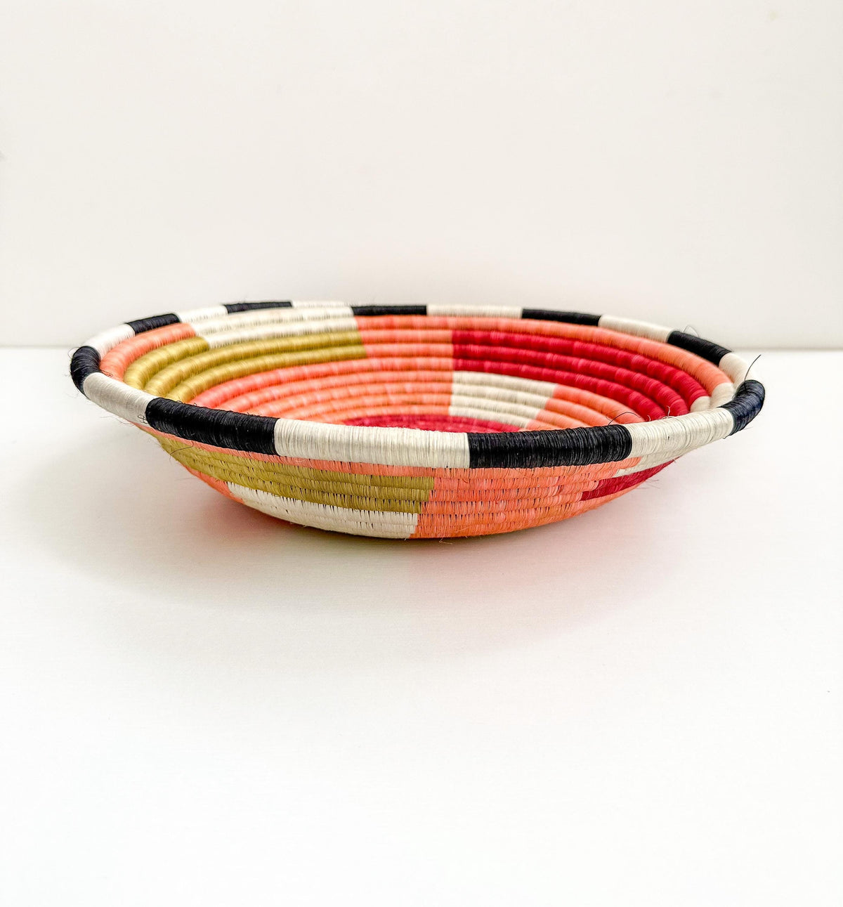 Colorful Woven African Bowl - Color Block Geometric Pattern, Orange Black Tones