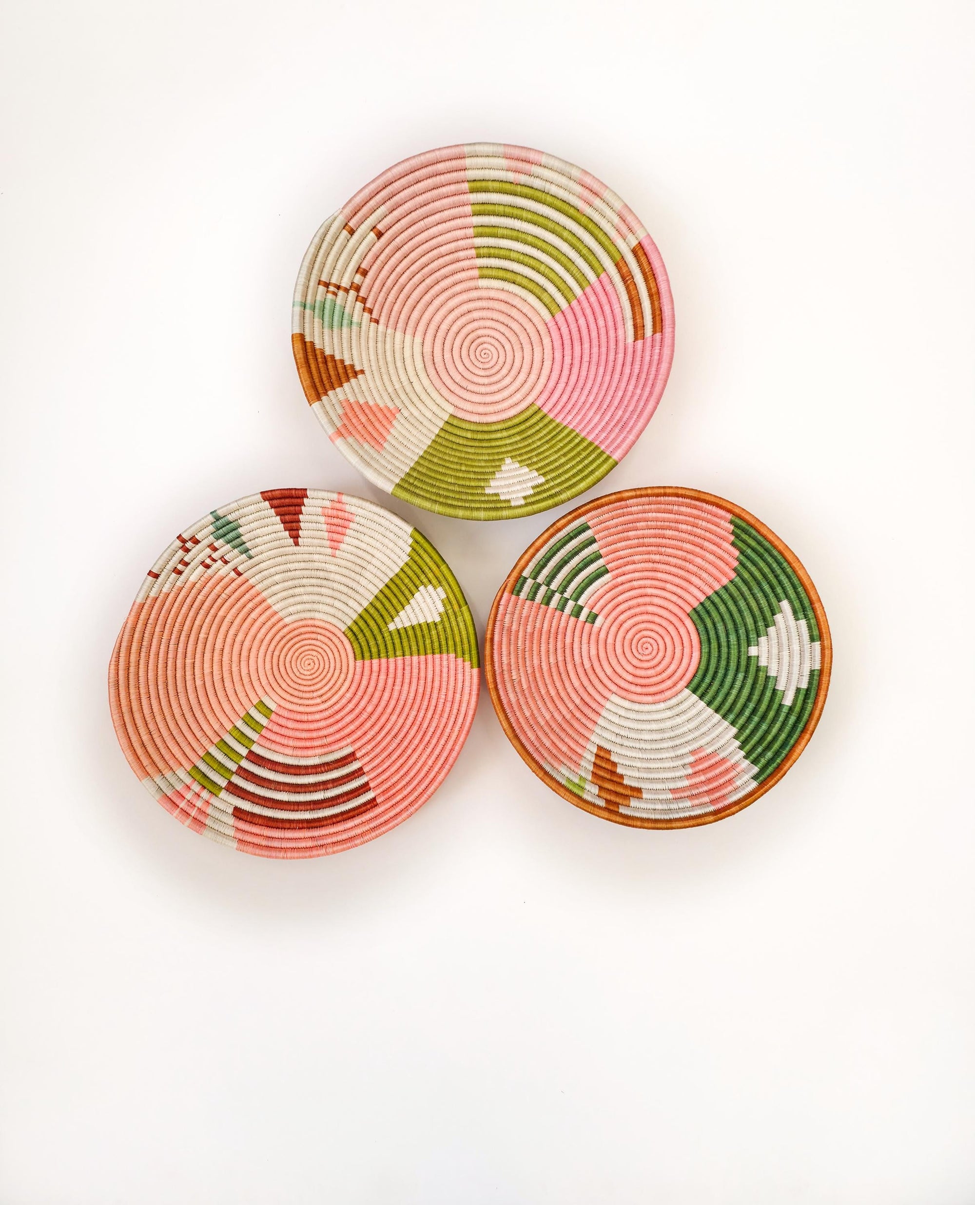 Set of 3 Wall Basket Decor- African baskets - pink, peach,green