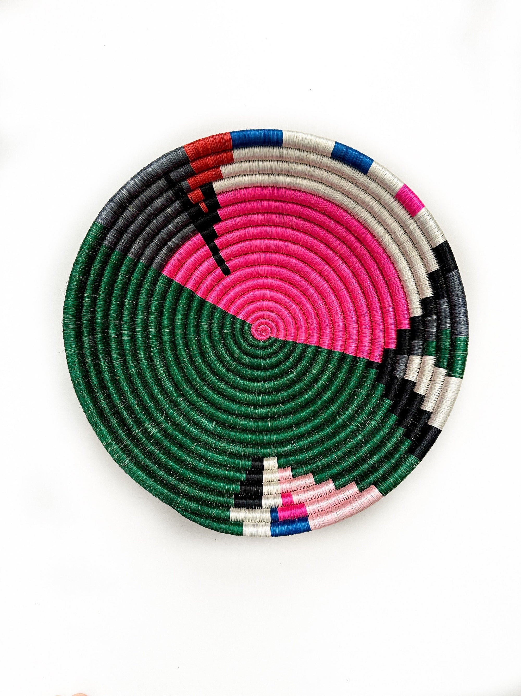 Woven Wall Basket with Green Pink White tones