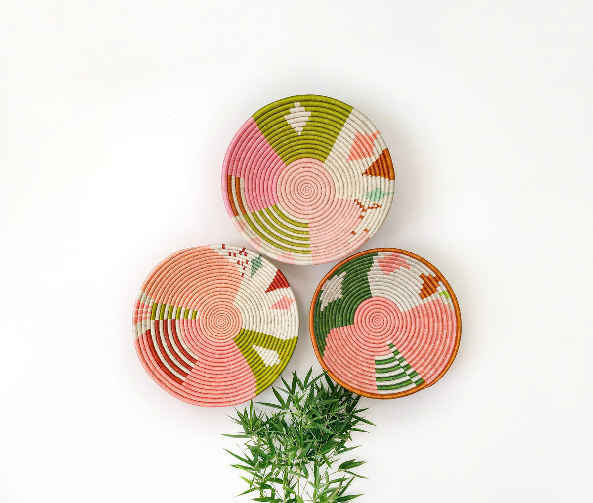 Pastel African Wall Baskets – Set of 3 in Pink, Peach & Green