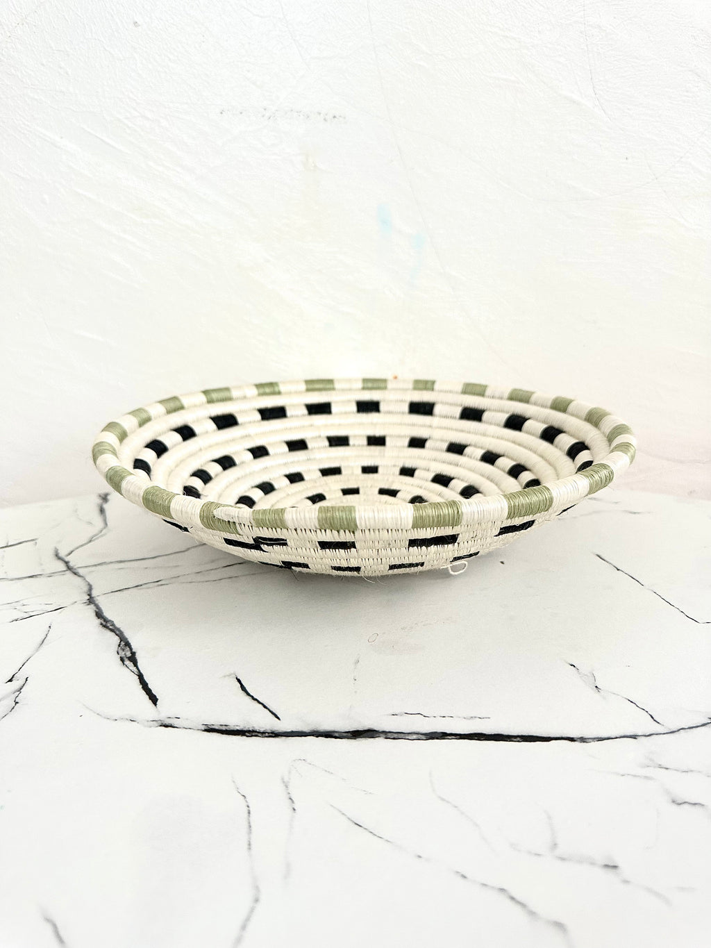 African Wall Basket - Woven Sisal Basket in White, Black and Green