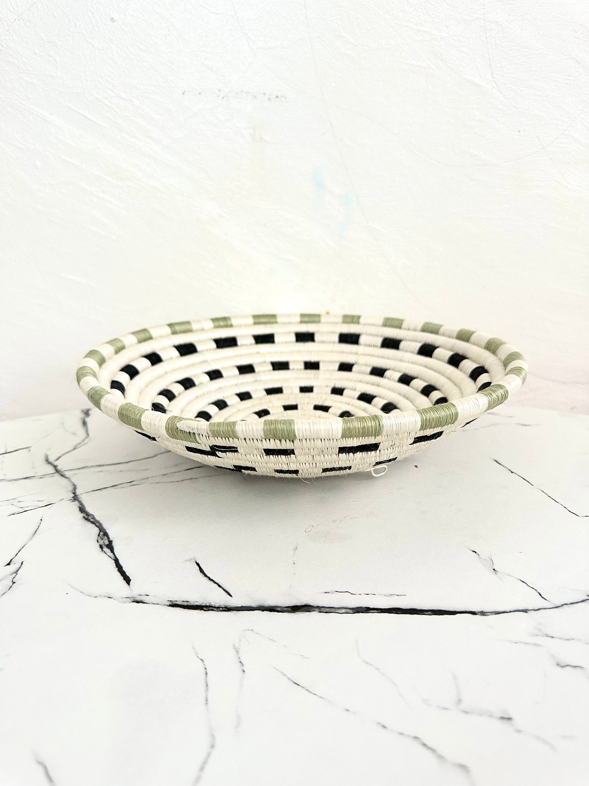 African Wall Basket - Woven Sisal Basket in White, Black and Green