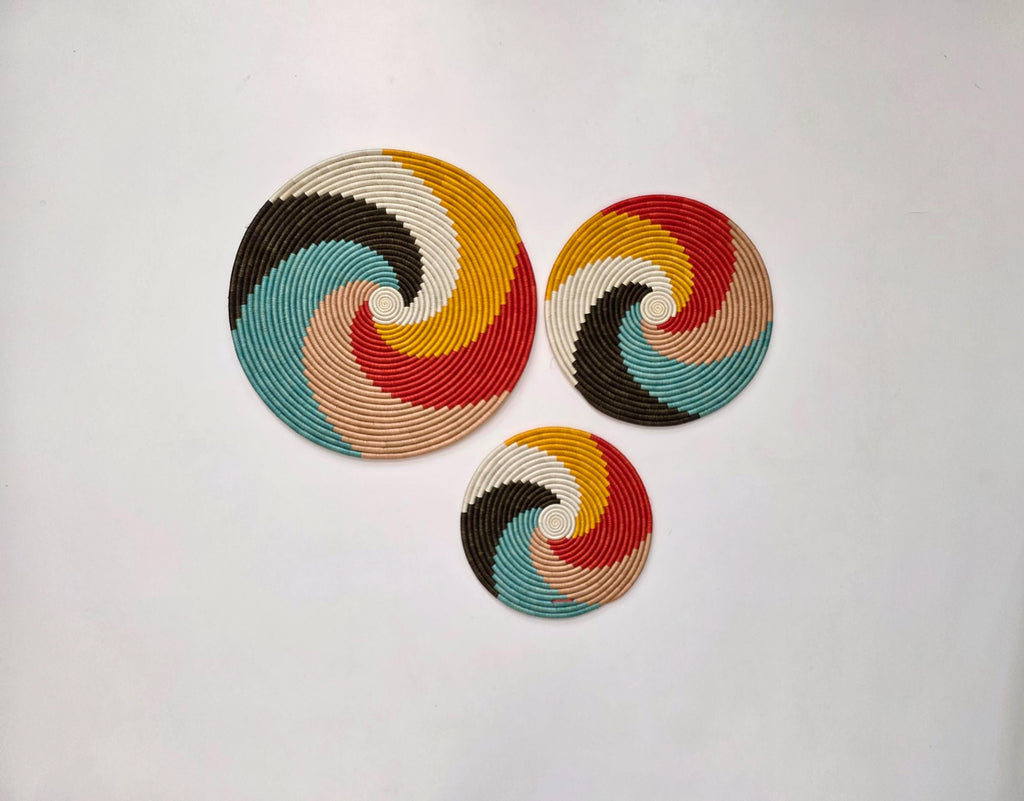 Woven Trivets Wall Decor Set of 3: Colorful African Wall Baskets - Flat Spiral Pattern