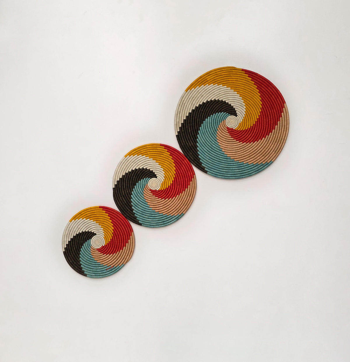 Woven Trivets Wall Decor Set of 3: Colorful African Wall Baskets - Flat Spiral Pattern