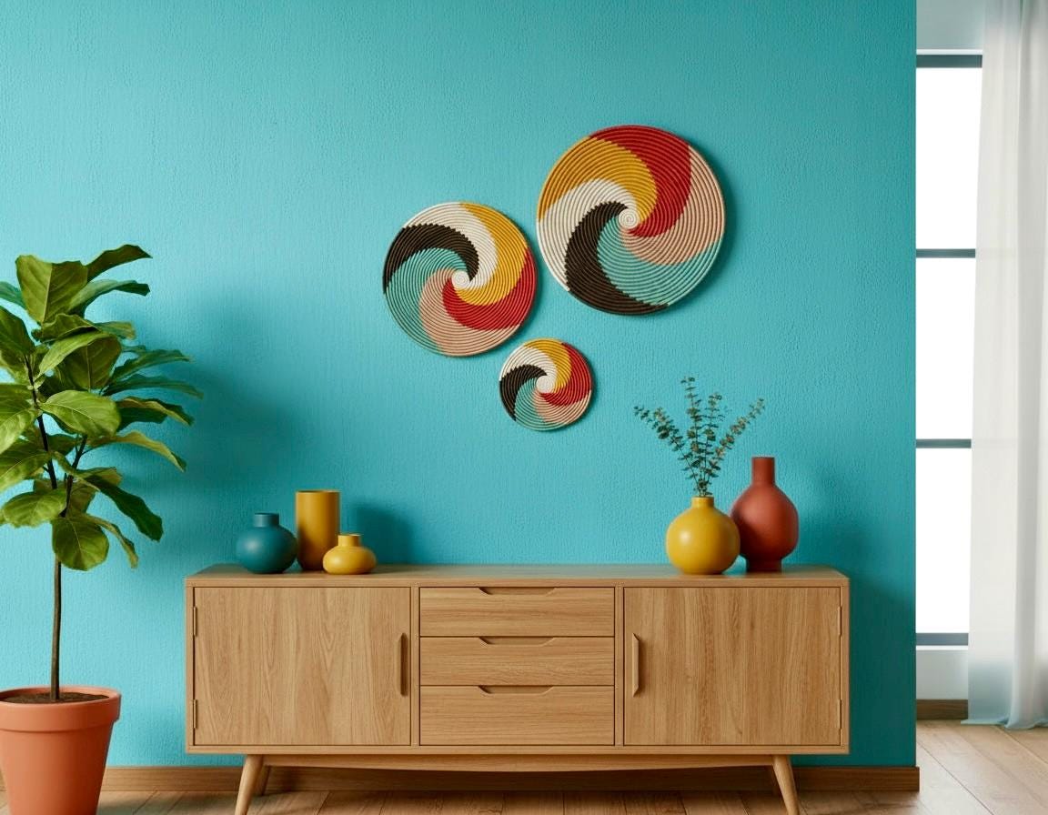 Woven Trivets Wall Decor Set of 3: Colorful African Wall Baskets - Flat Spiral Pattern