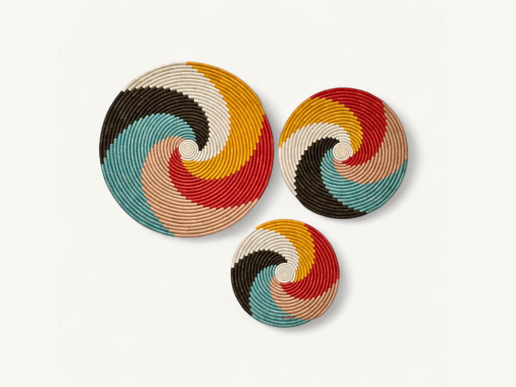 Woven Trivets Wall Decor Set of 3: Colorful African Wall Baskets - Flat Spiral Pattern