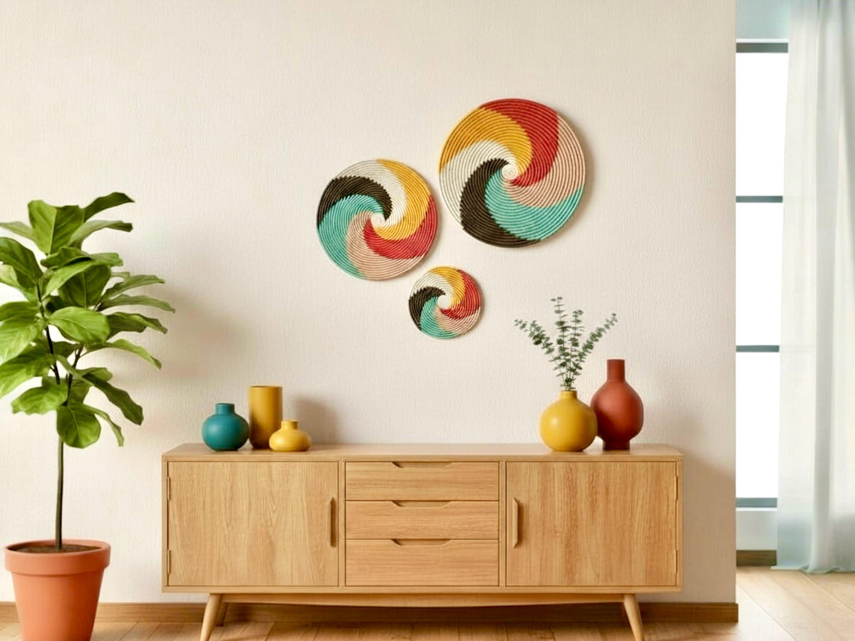 Woven Trivets Wall Decor Set of 3: Colorful African Wall Baskets - Flat Spiral Pattern