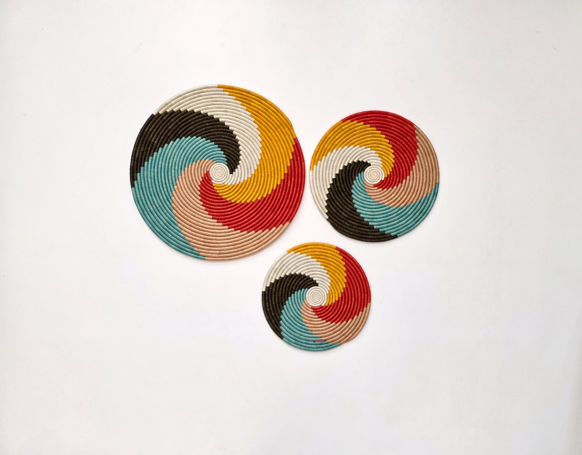 Woven Trivets Wall Decor Set of 3: Colorful African Wall Baskets - Flat Spiral Pattern