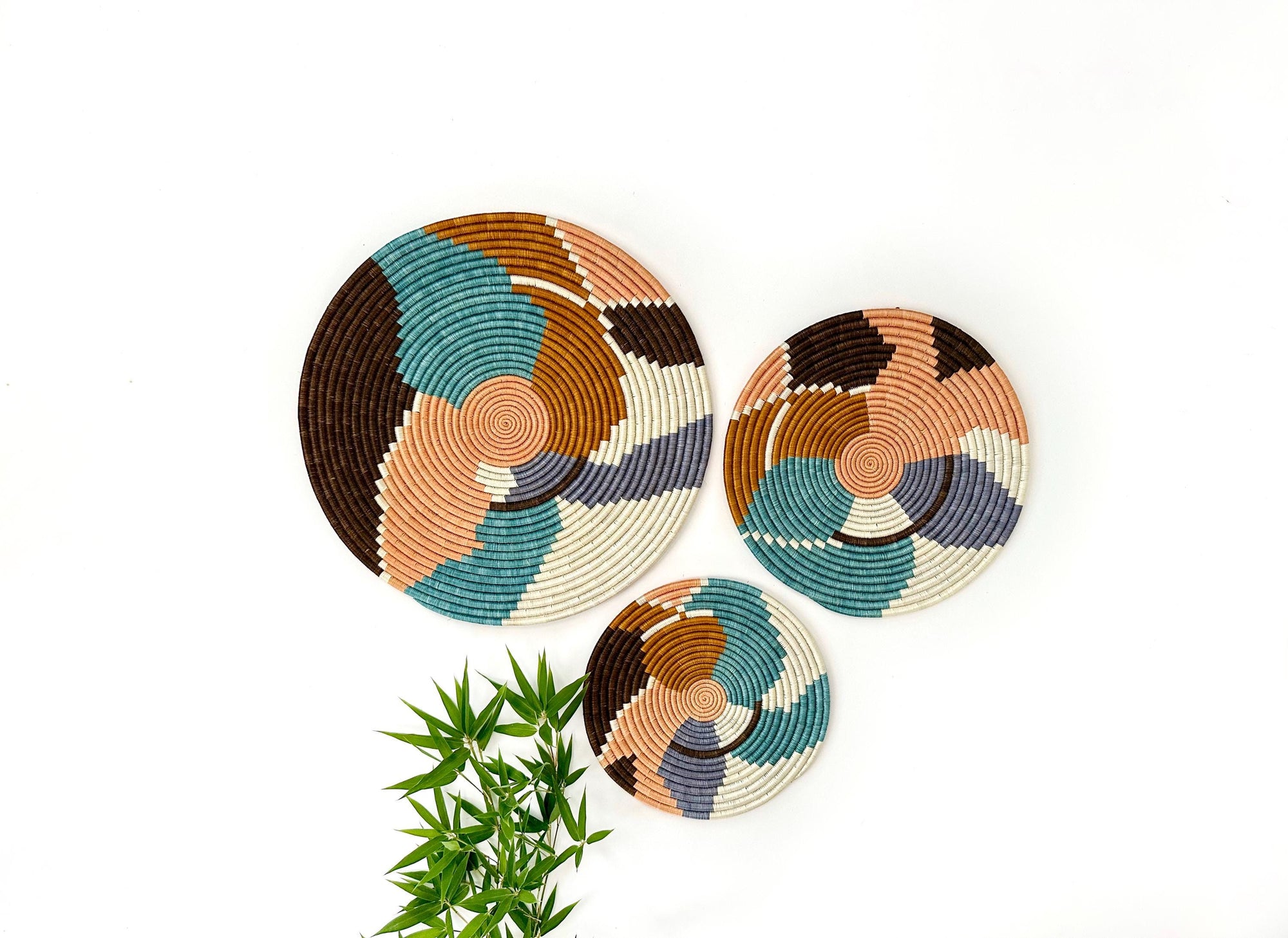 Woven Trivets Wall Decor Set of 3: Colorful African Wall Baskets - Flat Abstract Pattern