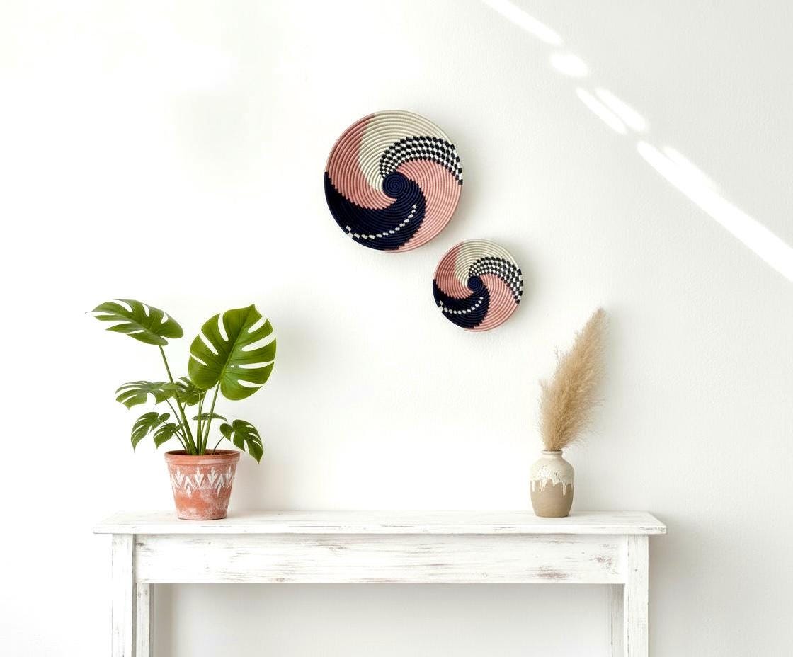 Set of 2 pink and blue Wall Basket - Boho Wall Decor