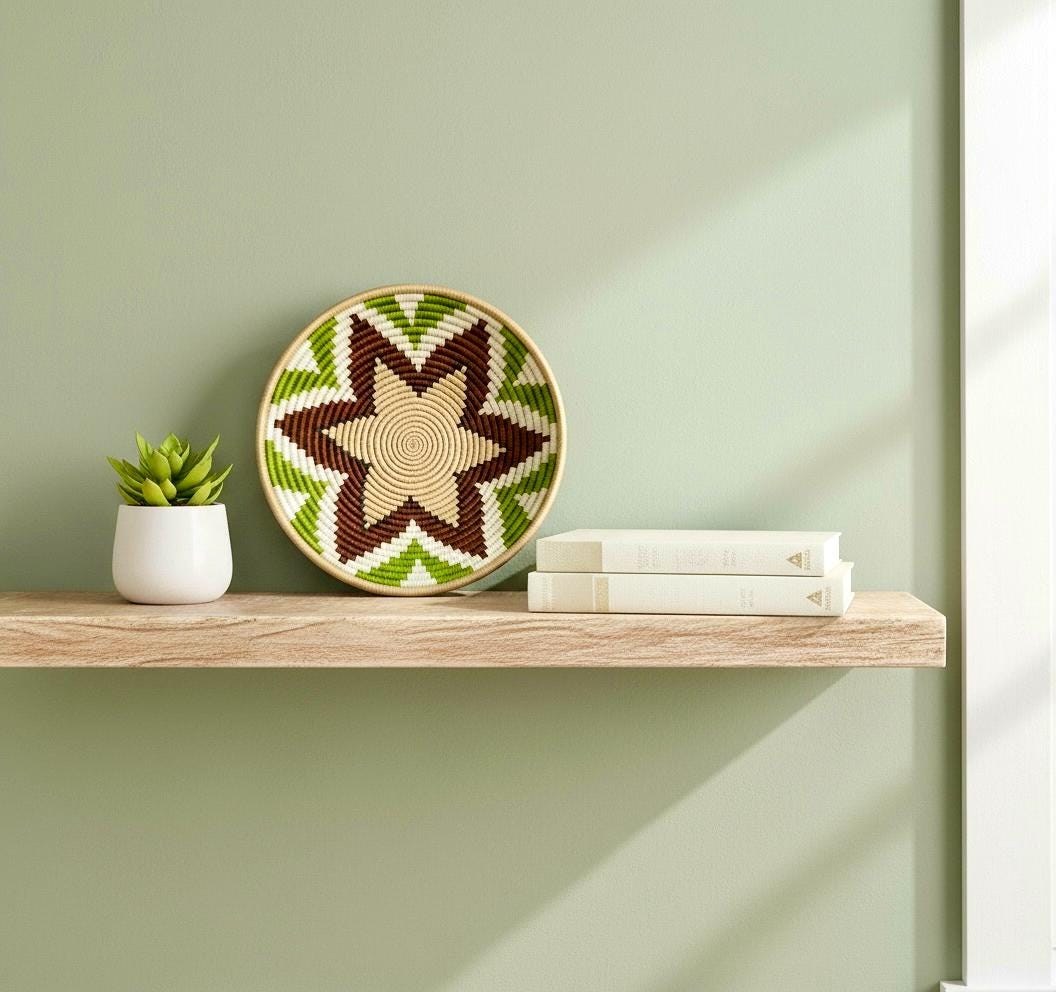 Handwoven Green and Brown Wall Basket - Boho Home Decor (16 inch)