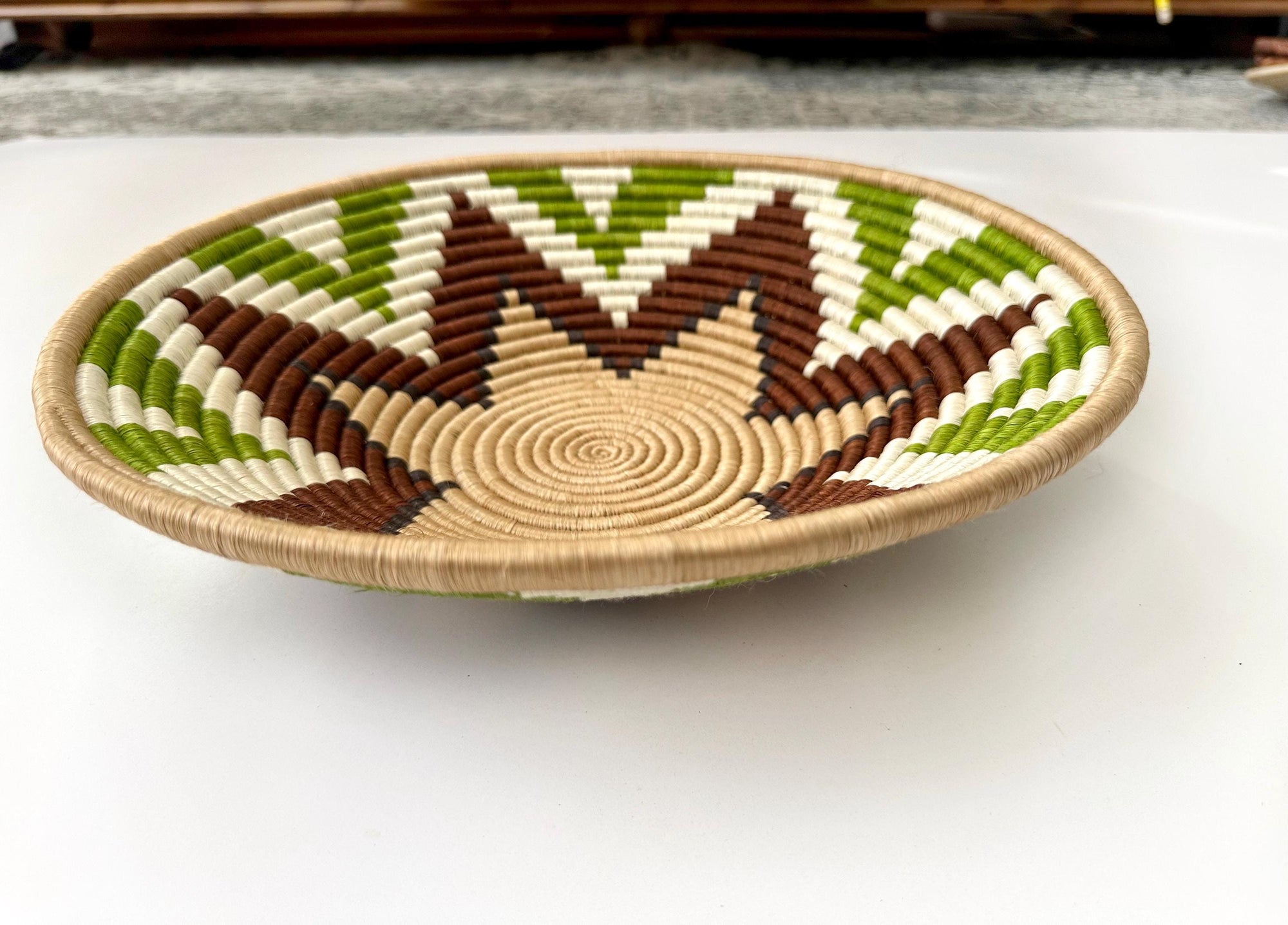 Handwoven Green and Brown Wall Basket - Boho Home Decor (16 inch)