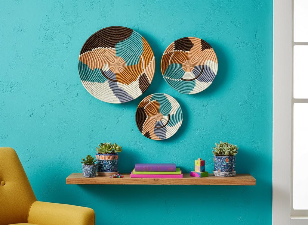 Woven Trivets Wall Decor Set of 3: Colorful African Wall Baskets - Flat Abstract Pattern